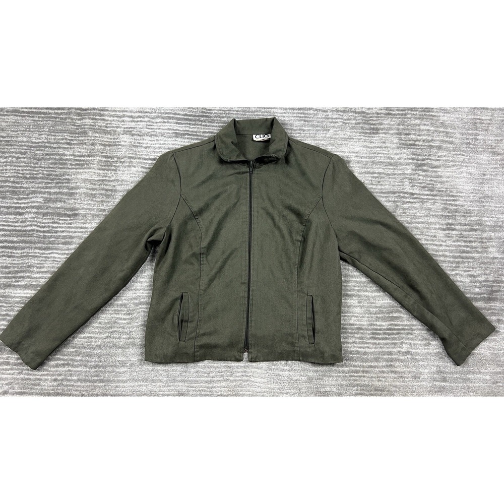Clio Petites Jacket Womens 12 Olive Green Faux Suede Zip Up Collared L883355 USA